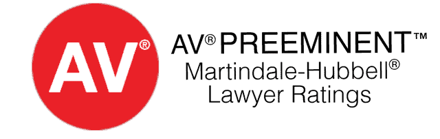 Homepage V1 features the AV Preeminent Martindale-Hubbell Lawyer Ratings logo, displaying a red circle with “AV” in white letters alongside bold black text.
