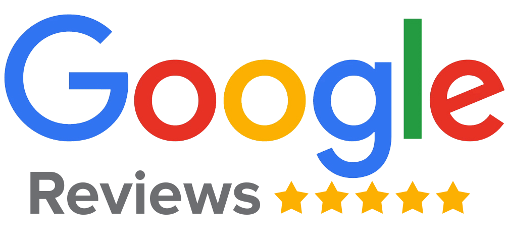 Google Reviews logo with the word "Google" in multicolored letters, "Reviews" in gray, and five yellow stars below, highlighting 5-star client testimonials.