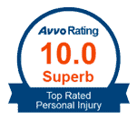 Homepage V1 features the Avvo Rating badge, proudly displaying a 10.0 Superb score for top rated personal injury services.