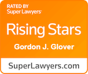 Orange badge with "Rising Stars," "Gordon J. Glover," and "SuperLawyers.com" text, featured on the Homepage V1, indicating a Super Lawyers Rising Stars recognition.
