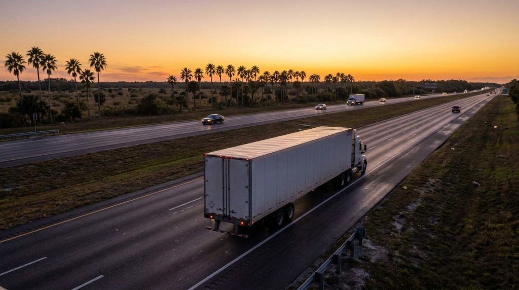 Semi-truck driving on multi-lane highway beside palm trees at sunset