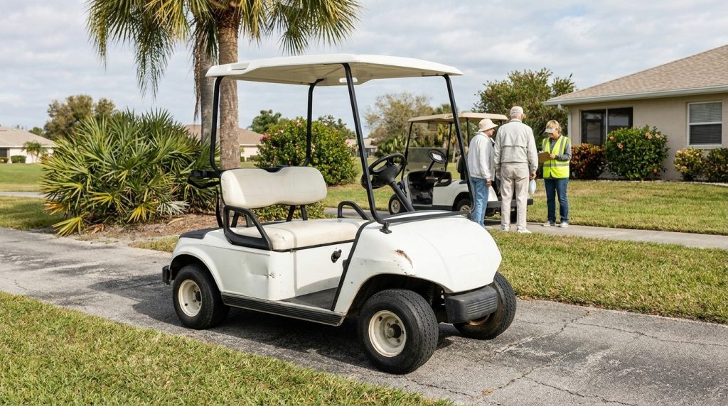 damaged golf cart parked on residential path near inspector reviewing clipboard