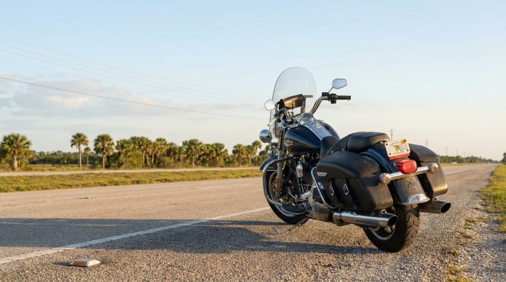 touring motorcycle with saddlebags parked on Florida highway roadside near palm trees