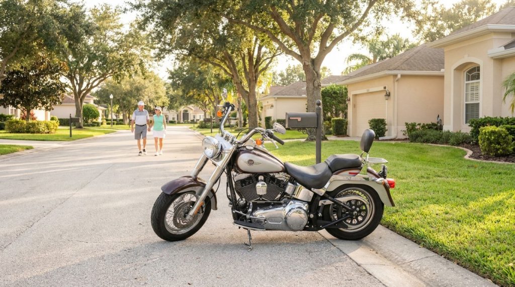 cruiser motorcycle parked on residential street with two pedestrians walking nearby