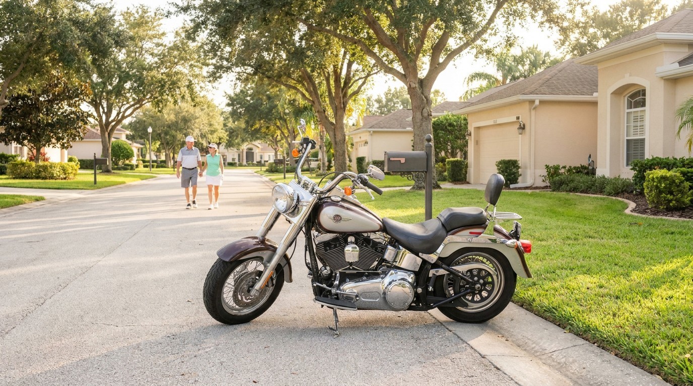 cruiser motorcycle parked on residential street with two pedestrians walking nearby