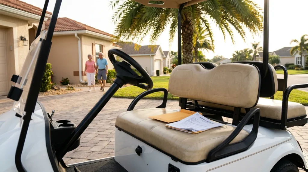 golf cart with documents on seat parked near residential homes and two pedestrians