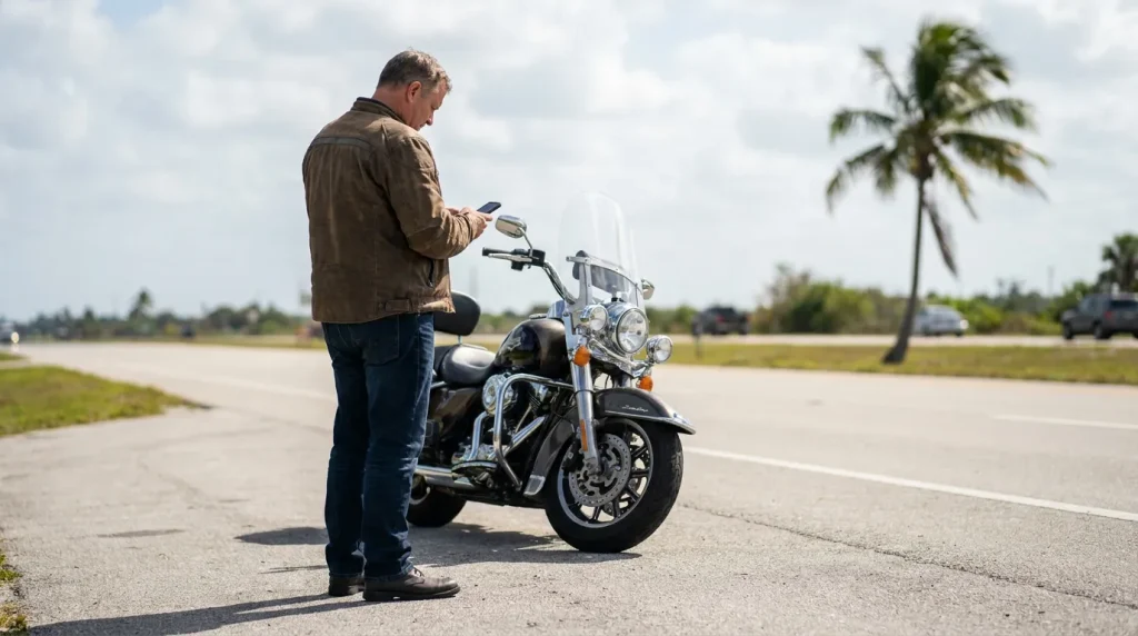 man standing beside parked motorcycle on roadside using smartphone