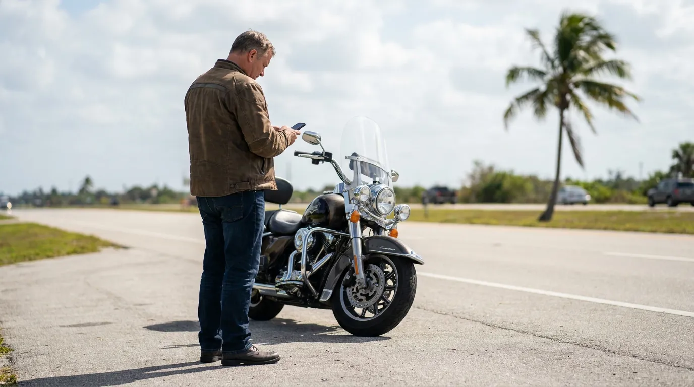 man standing beside parked motorcycle on roadside using smartphone