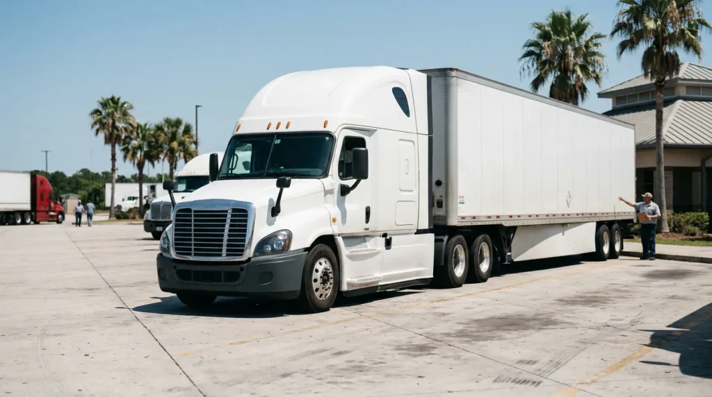 semi-truck with large trailer parked at commercial lot near building
