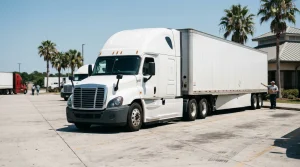 semi-truck with large trailer parked at commercial lot near building