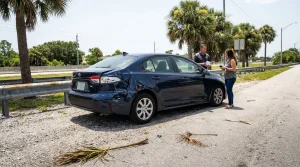two people reviewing documents beside sedan with visible rear collision damage on roadside