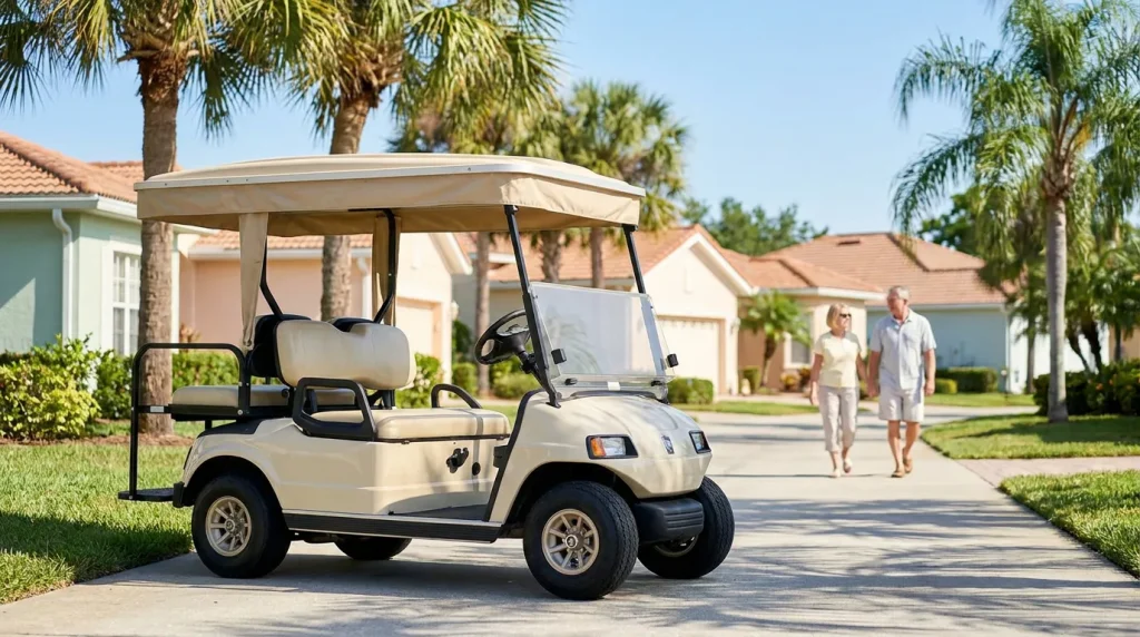 golf cart parked on residential driveway with couple walking near suburban homes