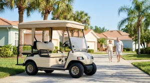 golf cart parked on residential driveway with couple walking near suburban homes