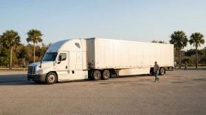 semi-truck with full trailer parked in open lot with driver walking alongside