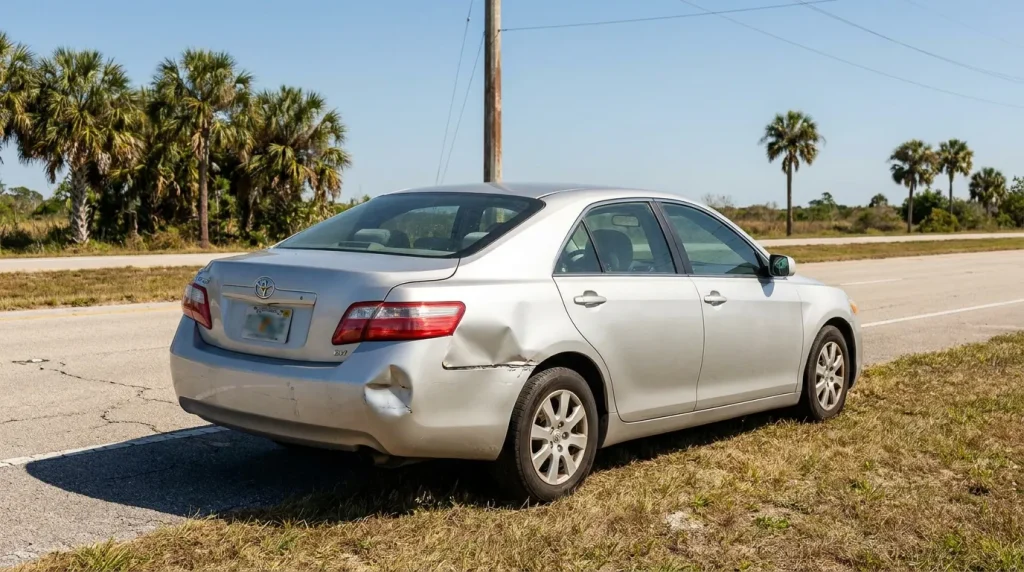 Toyota sedan with visible rear quarter panel collision damage parked roadside