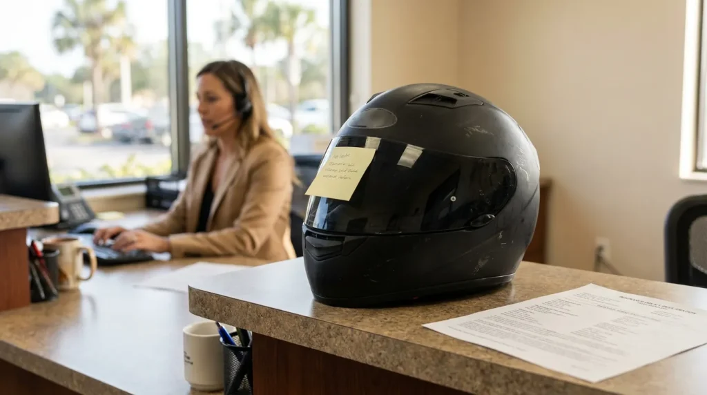 motorcycle helmet with sticky note on law firm reception desk beside insurance policy document