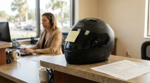 motorcycle helmet with sticky note on law firm reception desk beside insurance policy document