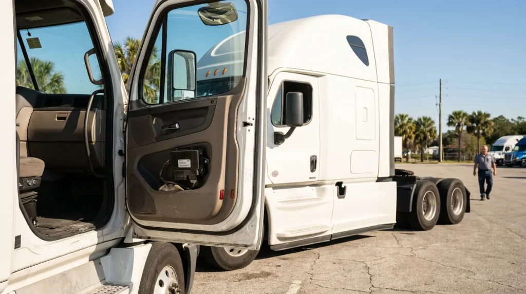 semi-truck cab door open in parking lot with driver walking nearby