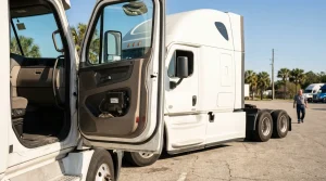 semi-truck cab door open in parking lot with driver walking nearby