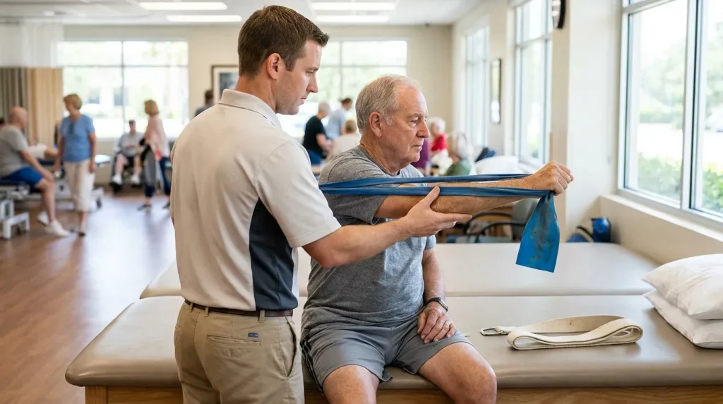 physical therapist assisting elderly man with resistance band exercise on treatment table