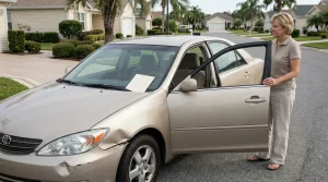 woman standing beside damaged Toyota sedan with document on windshield in residential street