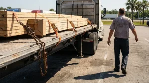 truck driver walking alongside flatbed trailer loaded with strapped lumber