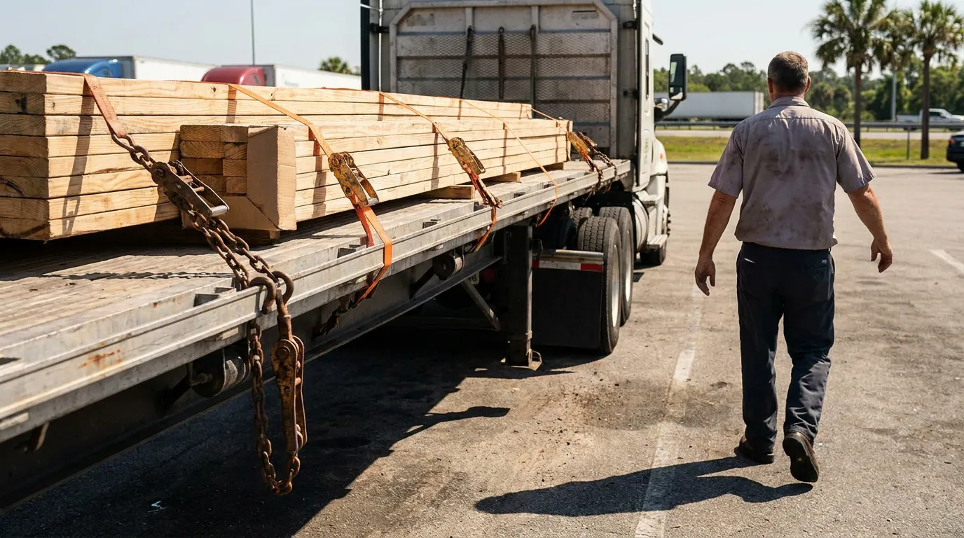 truck driver walking alongside flatbed trailer loaded with strapped lumber