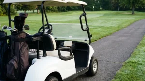golf cart with clubs loaded parked on paved golf course path